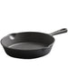 Black cast iron skillet on a white background