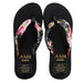 Black flip-flops with floral straps and 'AMH' branding on a white background