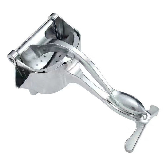Metallic manual juicer on a white background
