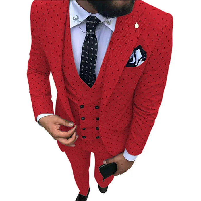 Red patterned suit jacket with a white shirt and black tie on a white background