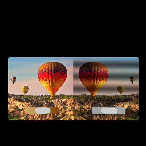 Comparison of hot air balloons with and without flicker reduction technology on a scenic background.