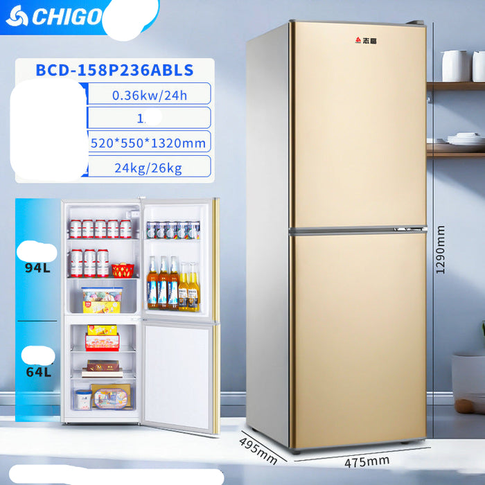 Gold refrigerator with open door showing interior and specifications on a blue background