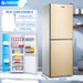 Gold refrigerator with open door showing interior and specifications on a blue background