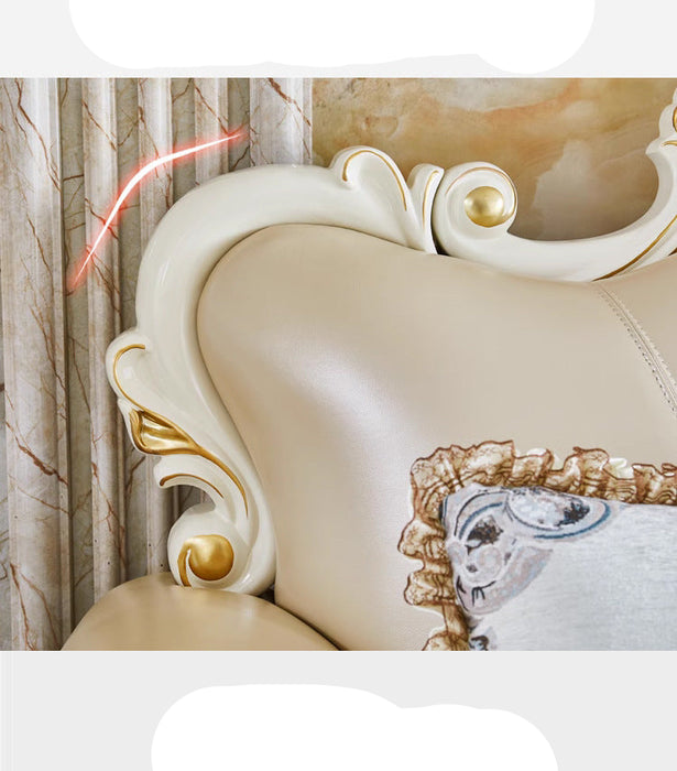 Decorative chair with intricate carvings and gold accents against a marble wall.