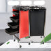 Black and red rolling cart with multiple drawers on a white background