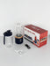 Small portable juicer with packaging, user manual, and USB cable on a white surface.
