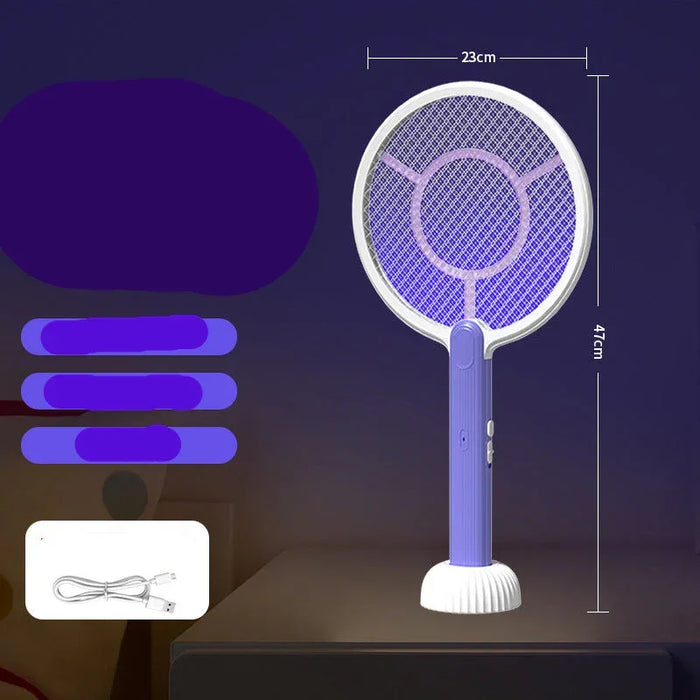 Electric fly swatter with dimensions and text on a dark background