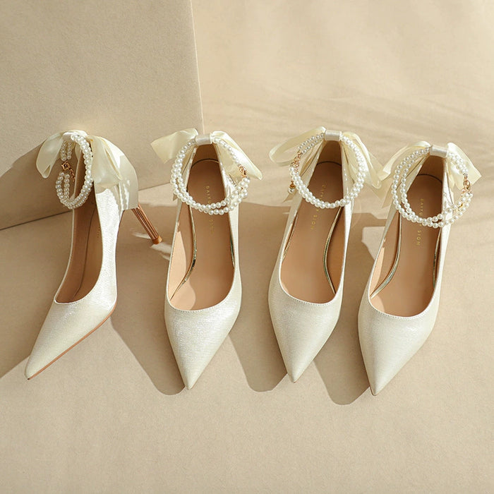 Pointy High Heels Thin heels 2024 New Bow Pearl Trip Srap Work Shoes Fashion Light Mouth Sexy Shoes - Dio Kollections