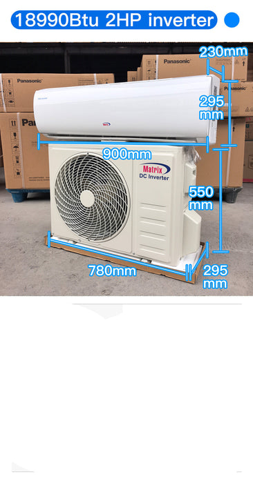 Air conditioning unit with dimensions labeled, set against a warehouse background.