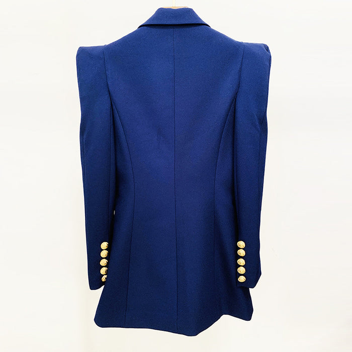 Blue blazer with gold buttons on a white background