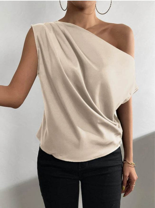 Satin Imitation Silk Irregular Shoulder Sleeveless Pullover Shirt for Women - Dio Kollections