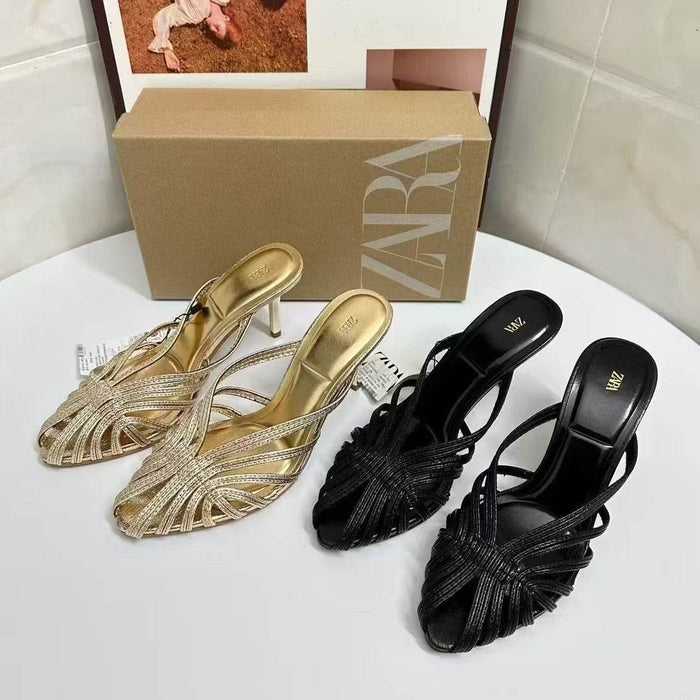 Elegant Gold and Black Mid-Heel Women's Shoes with Buckle and Strap Size 35-42