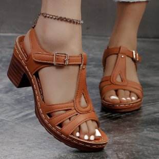 Summer New Solid Color Fish Mouth Thick Heel One-Way Buckle Strap High Heel Sandals - Dio Kollections