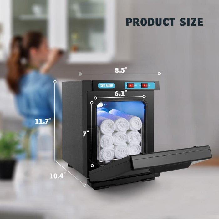 Black towel dryer with measurements on a blurred kitchen background