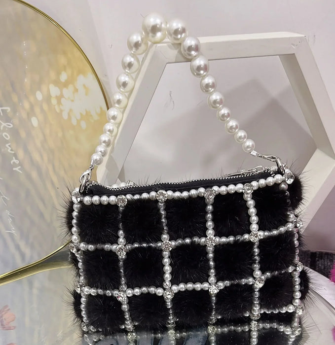 Pearl Diamond Chain Mink Fur French Fairy Single Shoulder Crossbody Bag