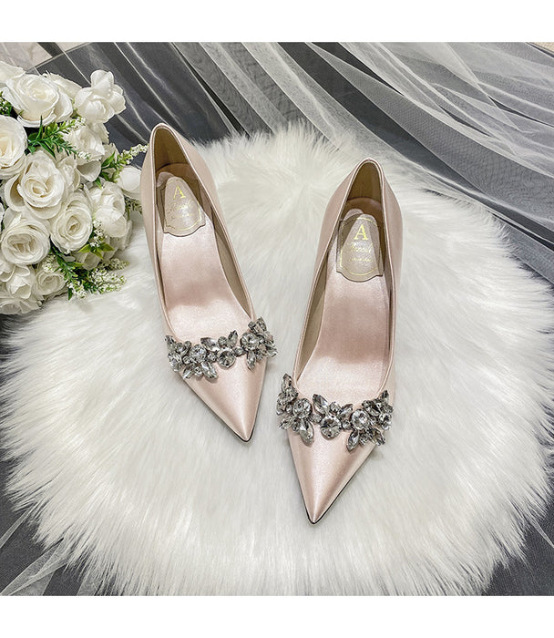 Crystal Champagne White Satin Bridesmaid Stiletto High Heel Shoes