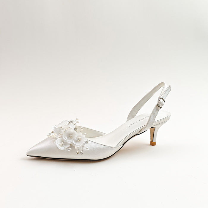 French Satin Shallow Floral Fairy Style Open Back Pumps Wedding Shoes