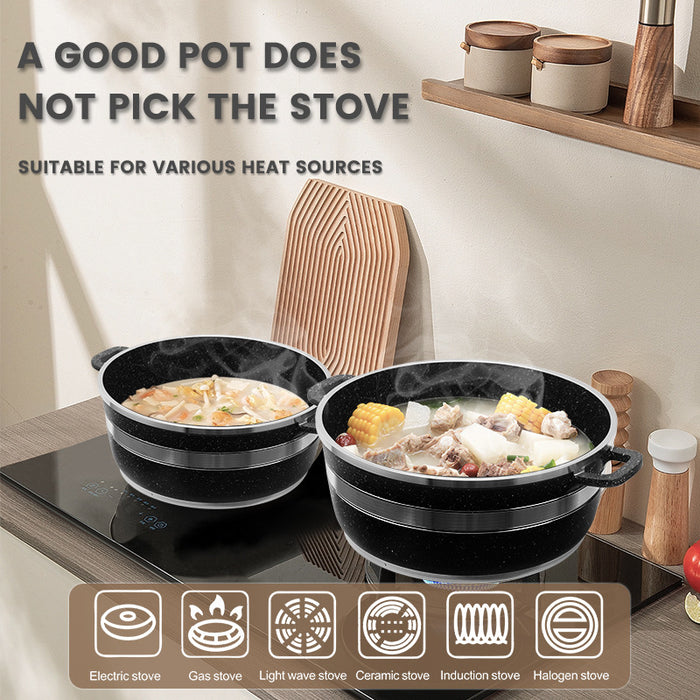 Two black pots on a stove with food, surrounded by kitchen items.