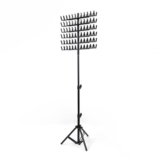 Black music stand with multiple shelves on a white background