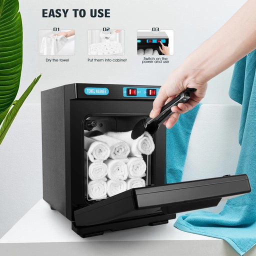 Black towel dryer with white towels inside, showing how to use it.