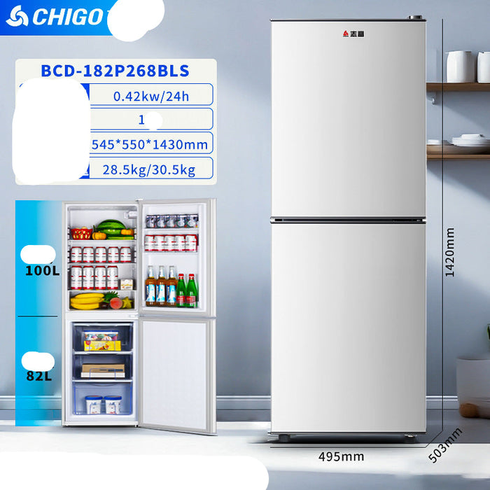 White refrigerator with open door showing interior compartments and CHIGO branding.