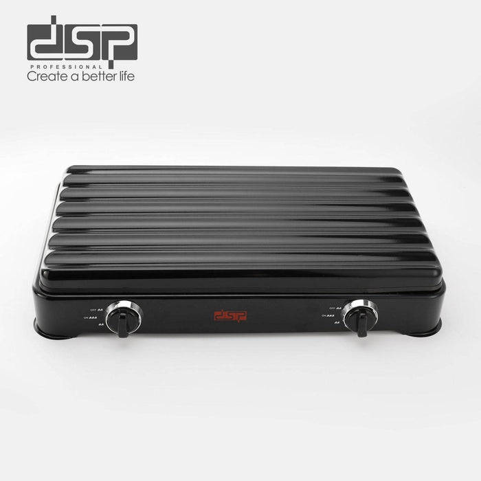 Black grill with visible branding on a white background