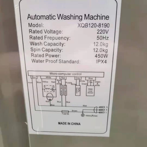 Technical specifications label on an automatic washing machine