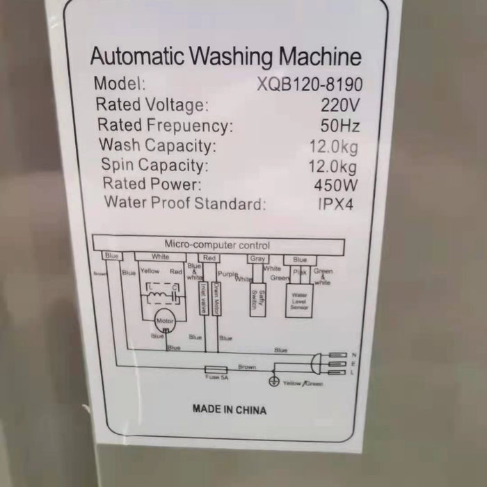 Technical specifications label on an automatic washing machine