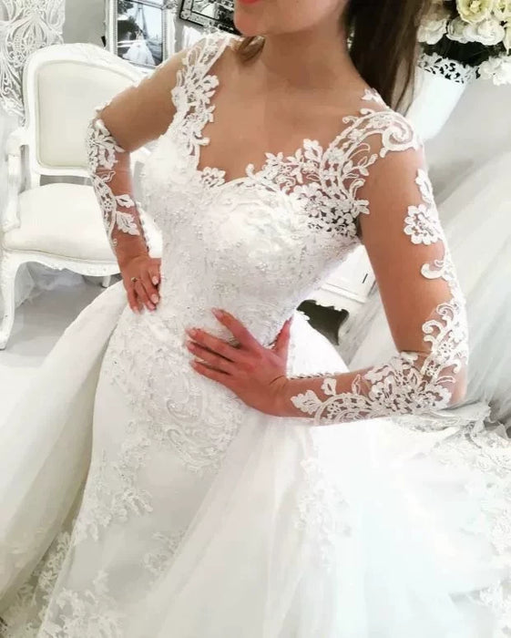 Dio Women's Sexy Lace Long Sleeve 2 in 1 Mermaid Detachable Train Bridal Wedding Dress - Dio Kollections