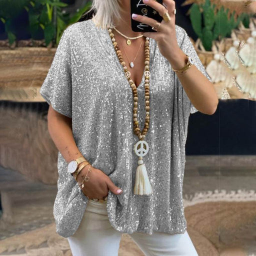 Short-Sleeved Loose Pullover Sequin V-neck T-shirt Top Women's Clothing - Dio Kollections