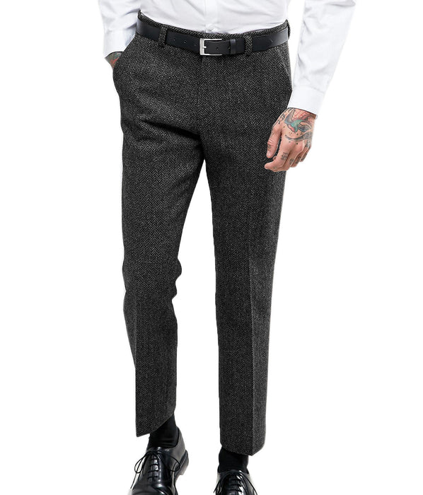 Gray textured pants worn by a person on a white background