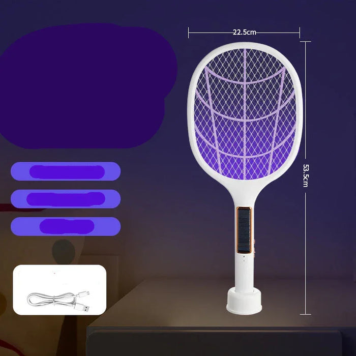 Electric fly swatter with dimensions and features on a dark background