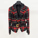 Plaid jacket with red and black pattern on a white background