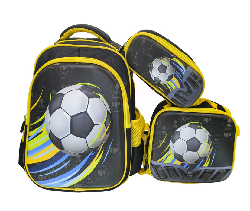 Backpack and lunch bag set with soccer ball design on a white background