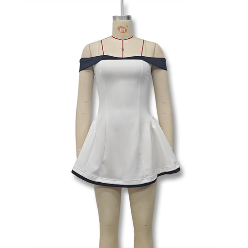White dress with navy accents on a mannequin against a white background
