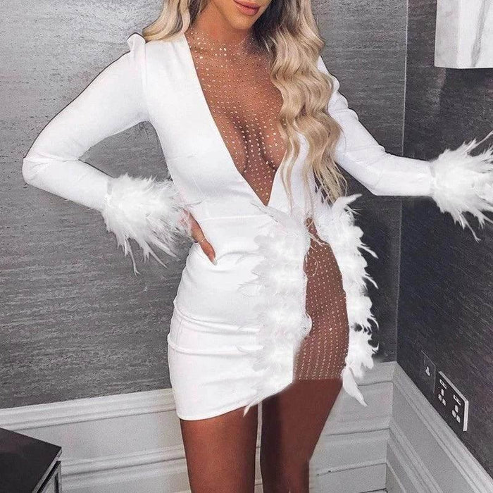 Dio See Through Sequin Patchwork Feather Mini Party Nightclub Dress. — Dio Kollections