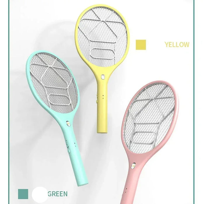 Three colorful fly swatters (yellow, green, pink) on a white background