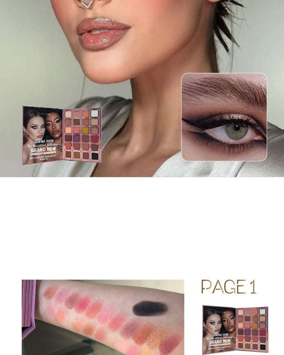 Makeup product with close-up of a woman's face, arm swatches, and makeup palette.