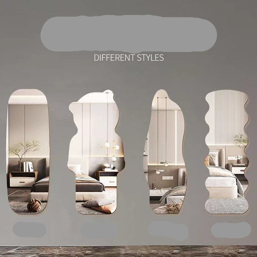 Four wavy, asymmetrical wall mirrors with organic shapes are displayed against a solid gray background. Each mirror has a different style label underneath: oval small bear cloud, and wave