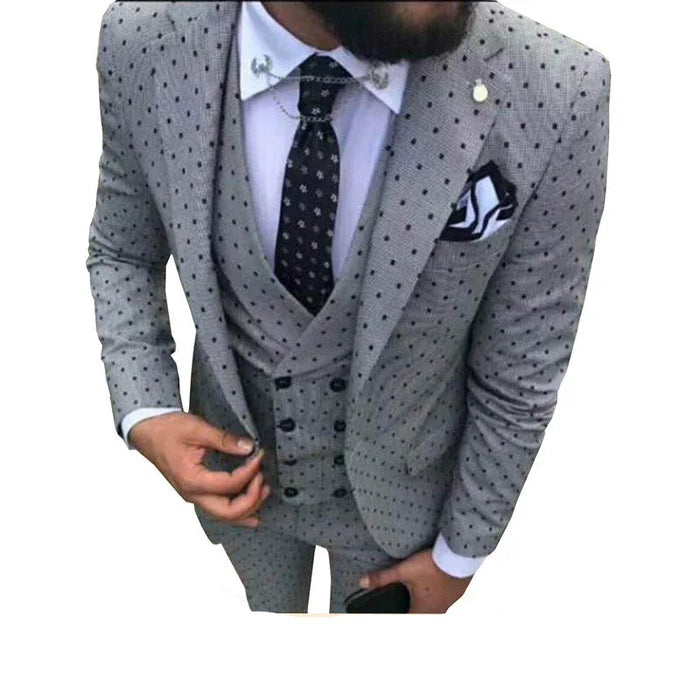 Gray patterned suit with a white shirt and tie on a white background