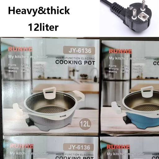 RUNHE electric cooking pot with 12-liter capacity, packaging, and power cord.