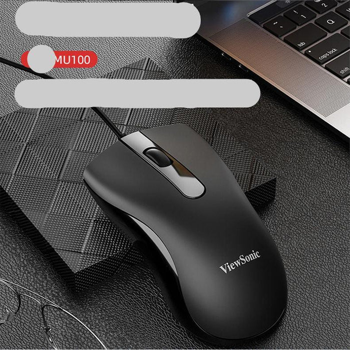 Black computer mouse with ViewSonic branding on a textured surface, with a laptop in the background.