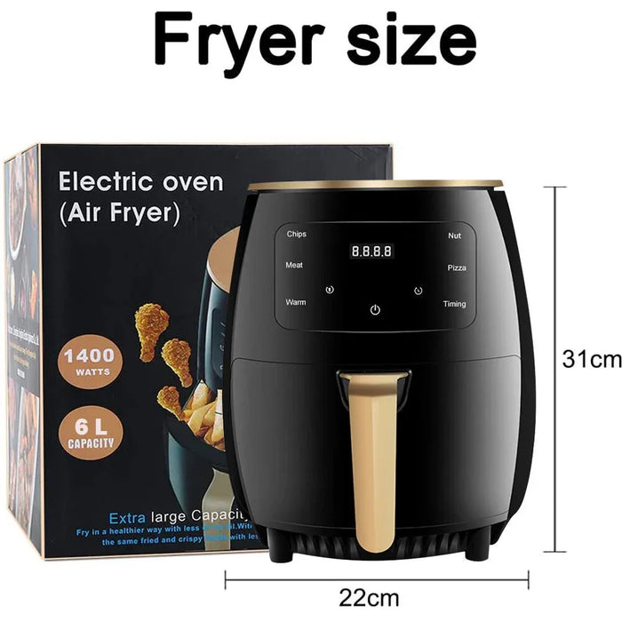 Black air fryer with dimensions and packaging on a white background