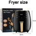 Black air fryer with dimensions and packaging on a white background