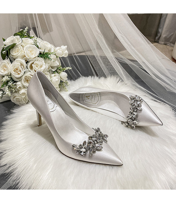 Crystal Champagne White Satin Bridesmaid Stiletto High Heel Shoes