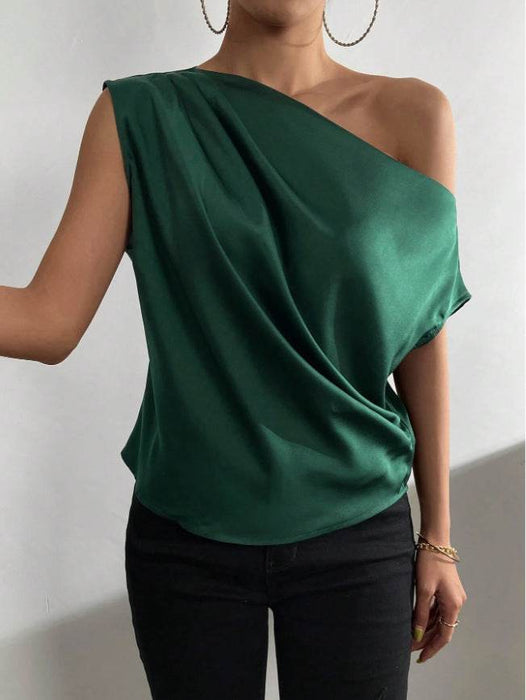 Satin Imitation Silk Irregular Shoulder Sleeveless Pullover Shirt for Women - Dio Kollections