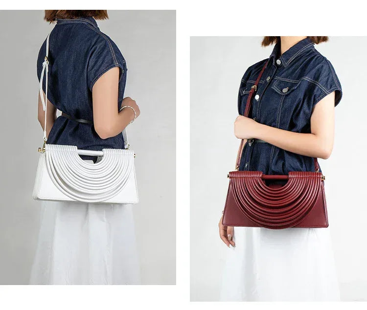 Two images of a person holding a white and red handbag respectively.