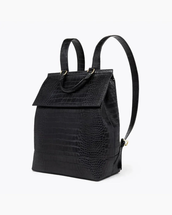 Black backpack with crocodile texture on a white background