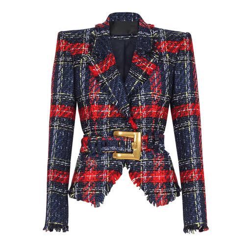 Plaid jacket with red and blue pattern and gold buckle on a white background