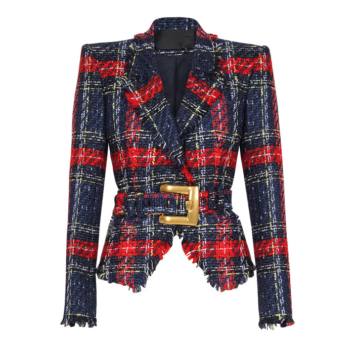 Plaid jacket with red and blue pattern and gold buckle on a white background